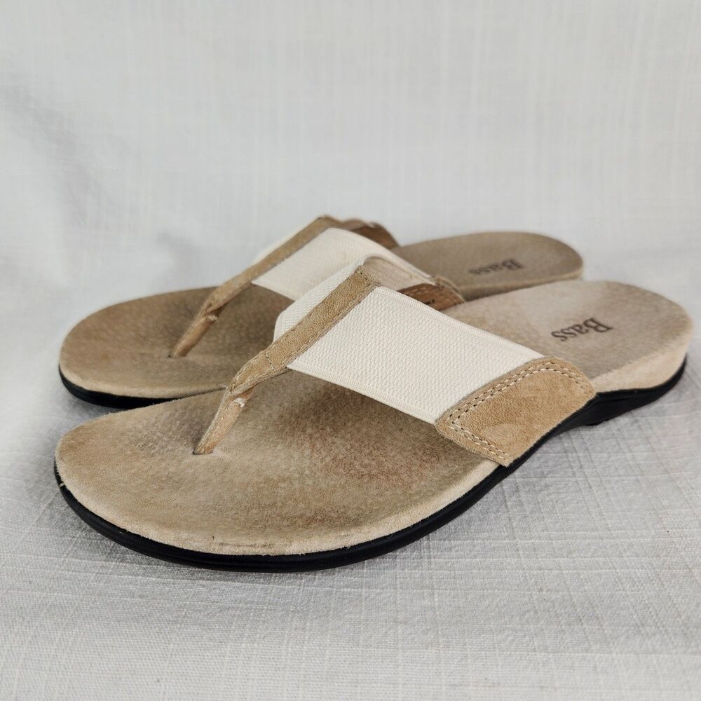 Bass Tibi Women's 7 Slip On Flip Flops Thongs Comfort Sandals Leather Beige Tan